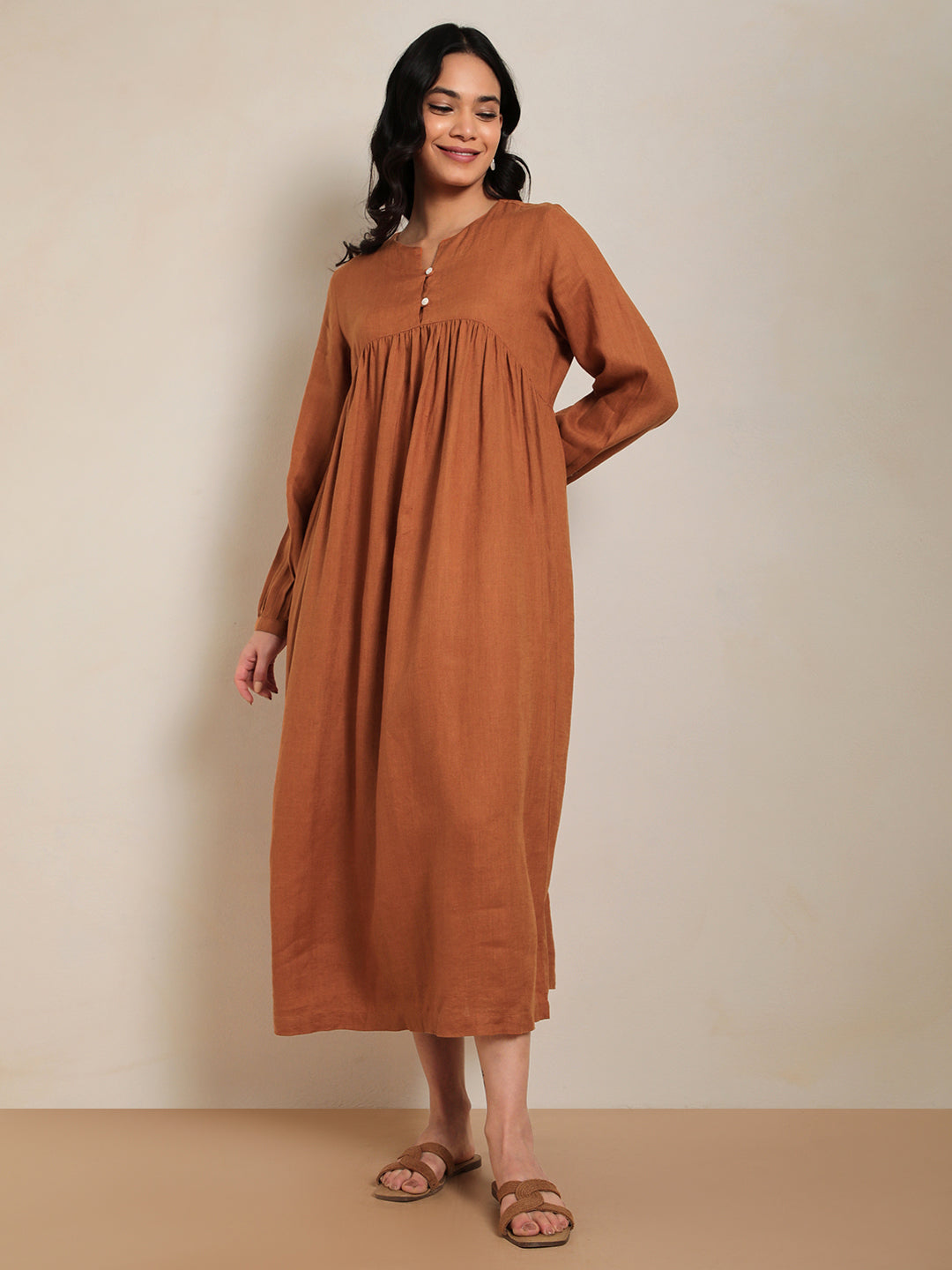Eco Gather Linen Dress in Rust 100% Pure Linen | Minimal & Sustainable Fashion by Ecothread