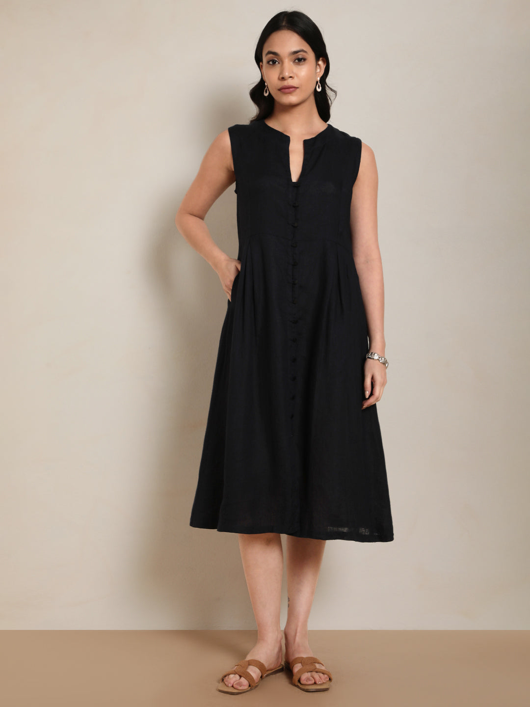 Linen Round Neck Dress in Dark Navy 100% Pure Linen | Effortless Everyday Wear by Ecothread