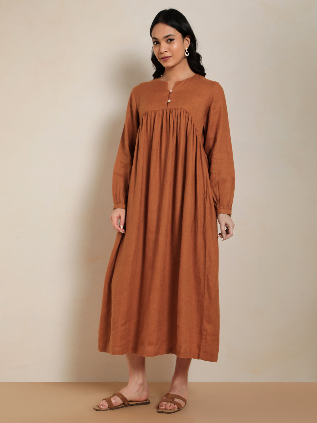 Eco Gather Linen Dress in Rust 100% Pure Linen | Minimal & Sustainable Fashion by Ecothread
