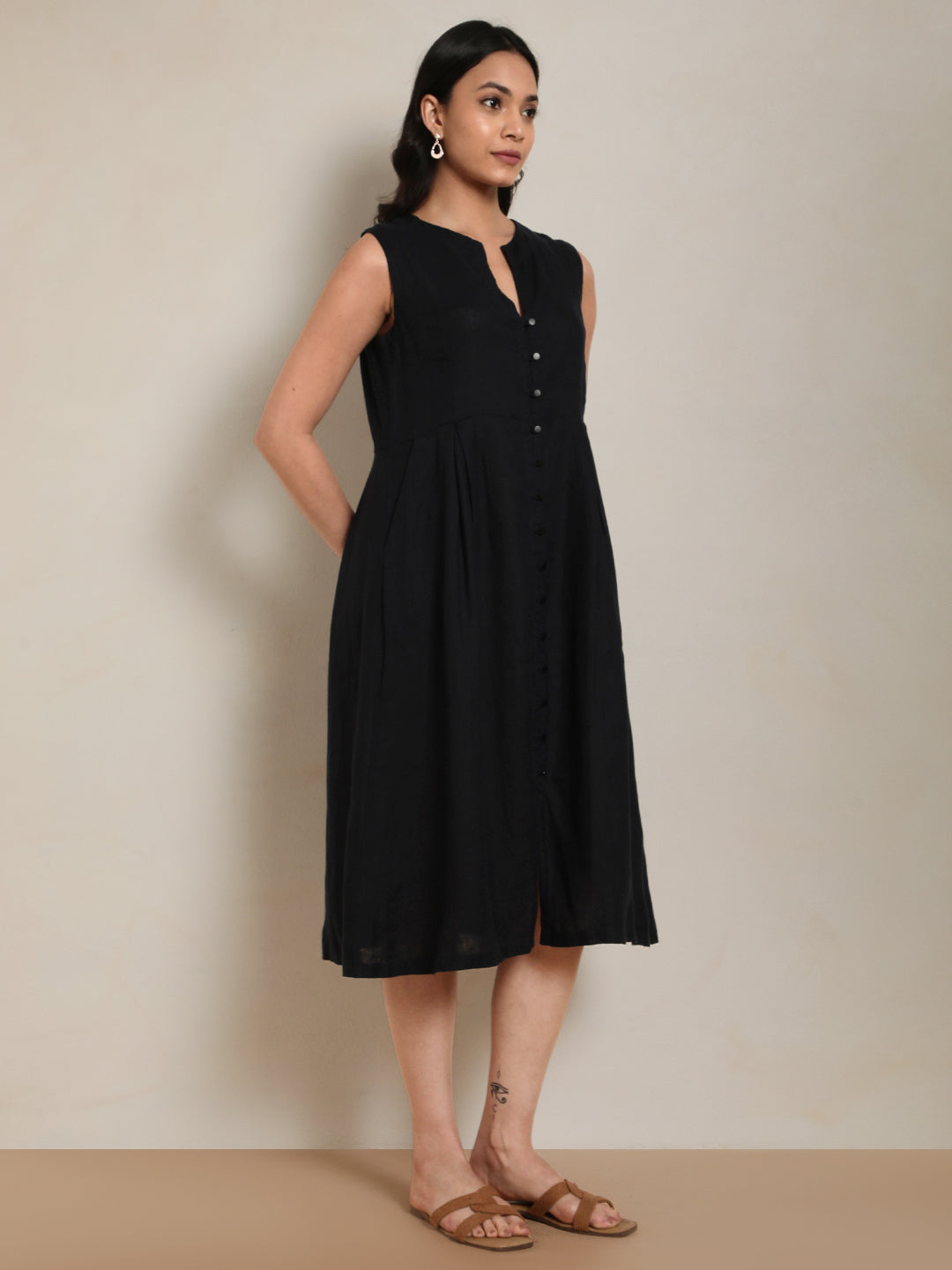 Linen Round Neck Dress in Dark Navy 100% Pure Linen | Effortless Everyday Wear by Ecothread