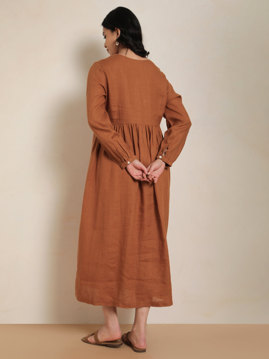 Eco Gather Linen Dress in Rust 100% Pure Linen | Minimal & Sustainable Fashion by Ecothread