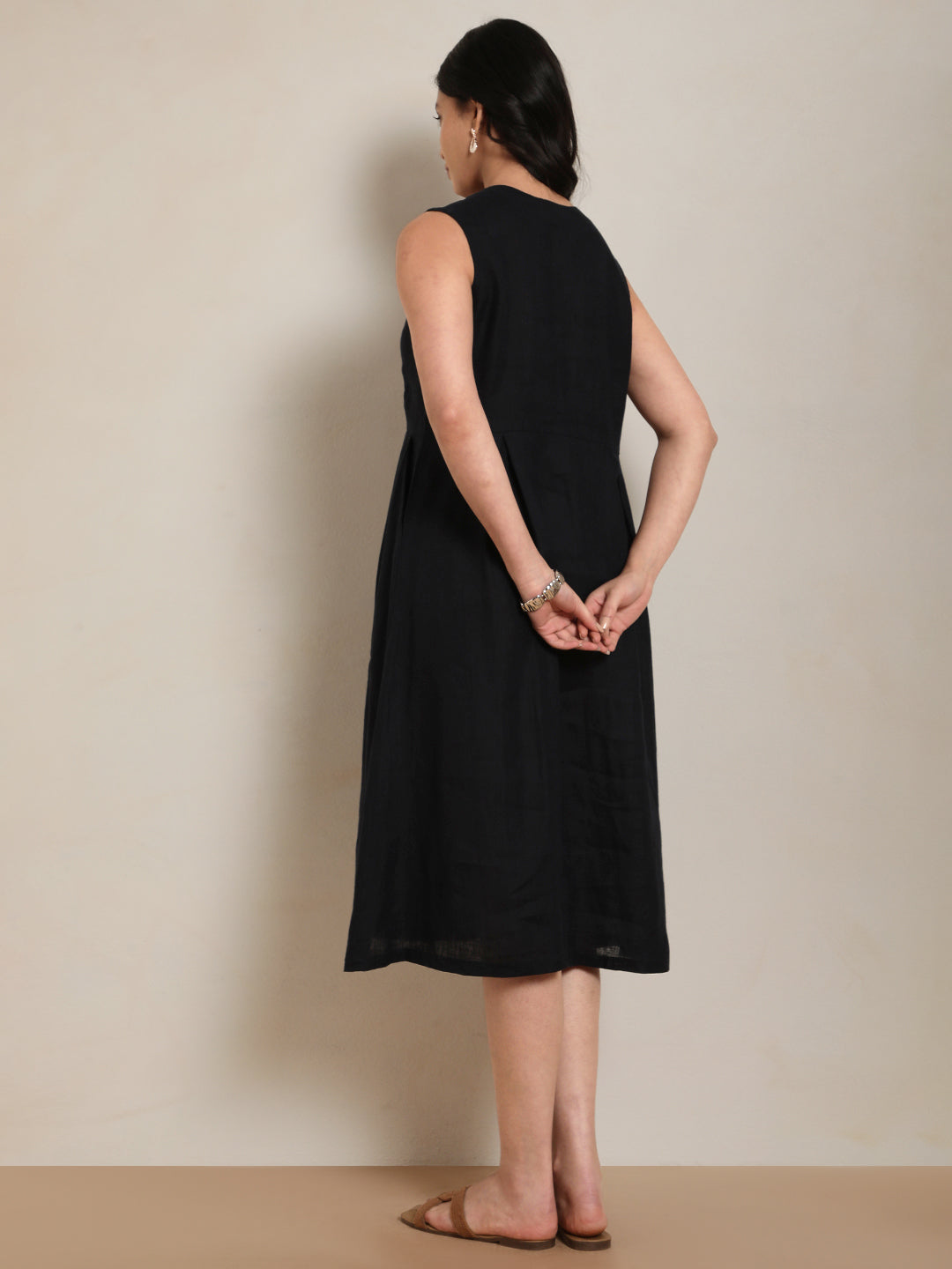 Linen Round Neck Dress in Dark Navy 100% Pure Linen | Effortless Everyday Wear by Ecothread