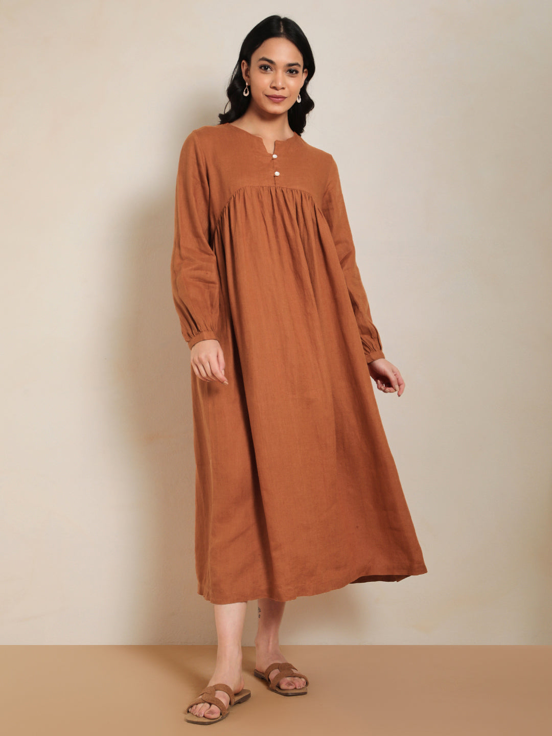 Eco Gather Linen Dress in Rust 100% Pure Linen | Minimal & Sustainable Fashion by Ecothread