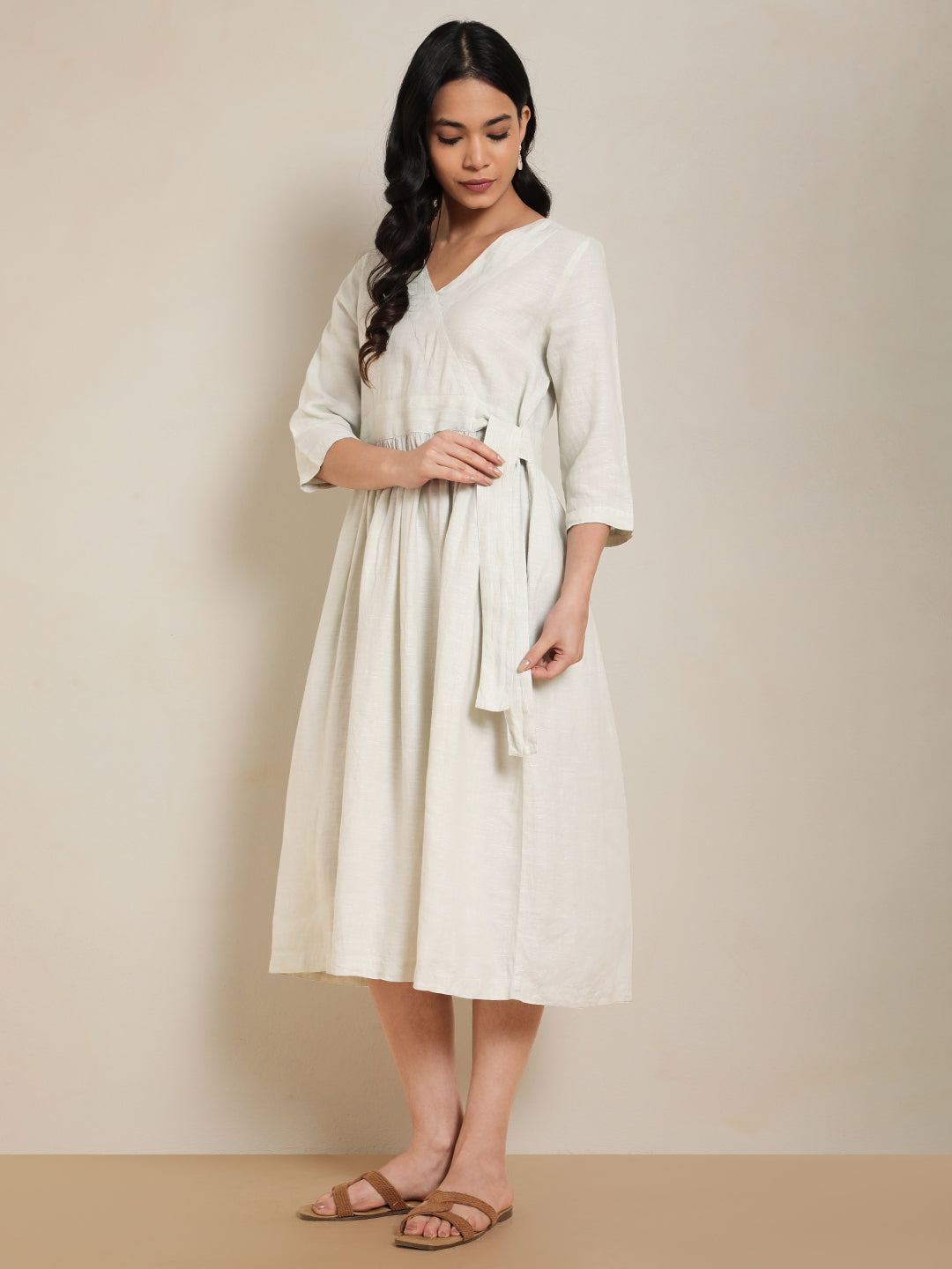Light sage pure linen wrap dress – front view