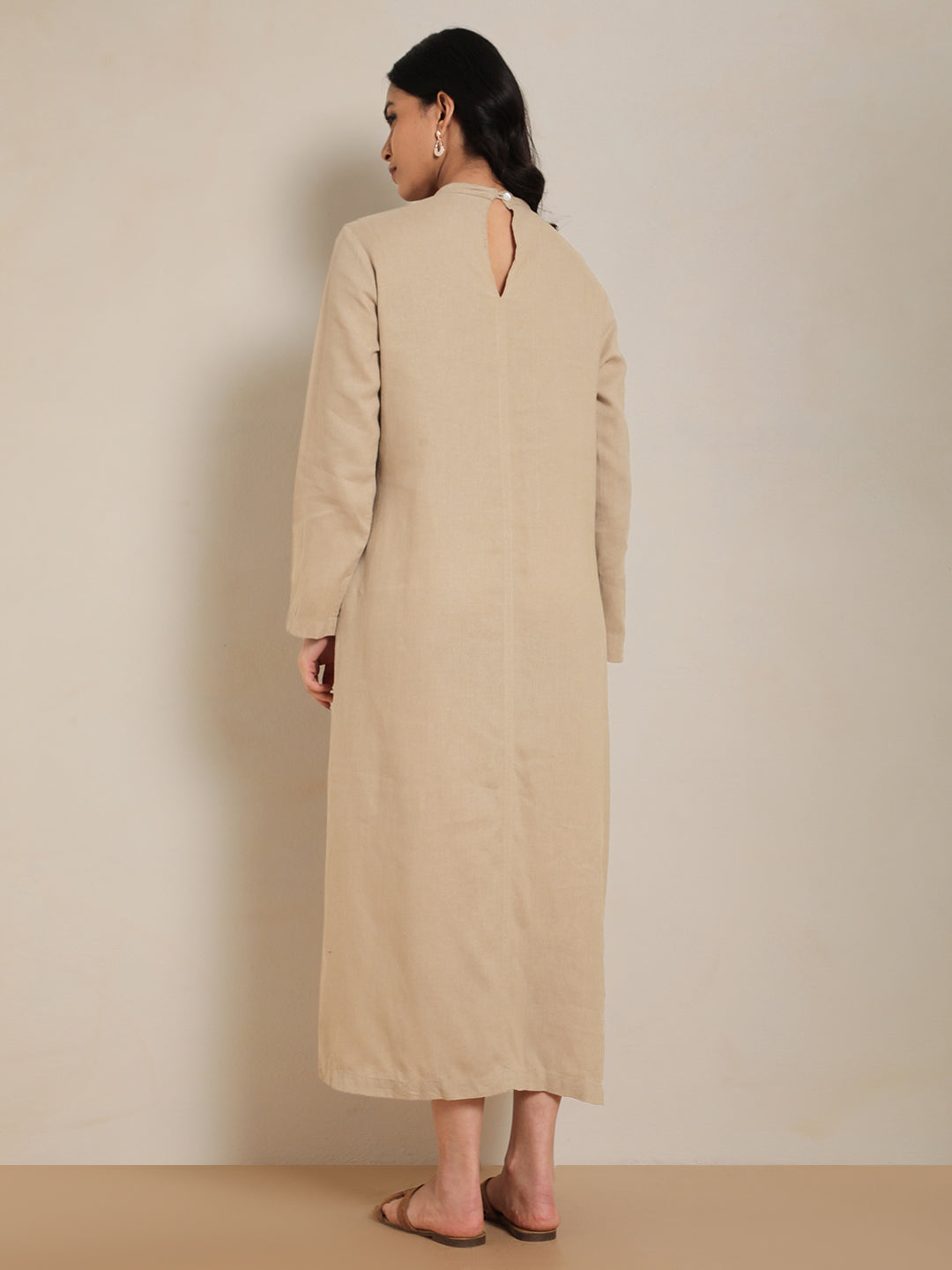 Long pure linen pleated dress in clam shell – back view