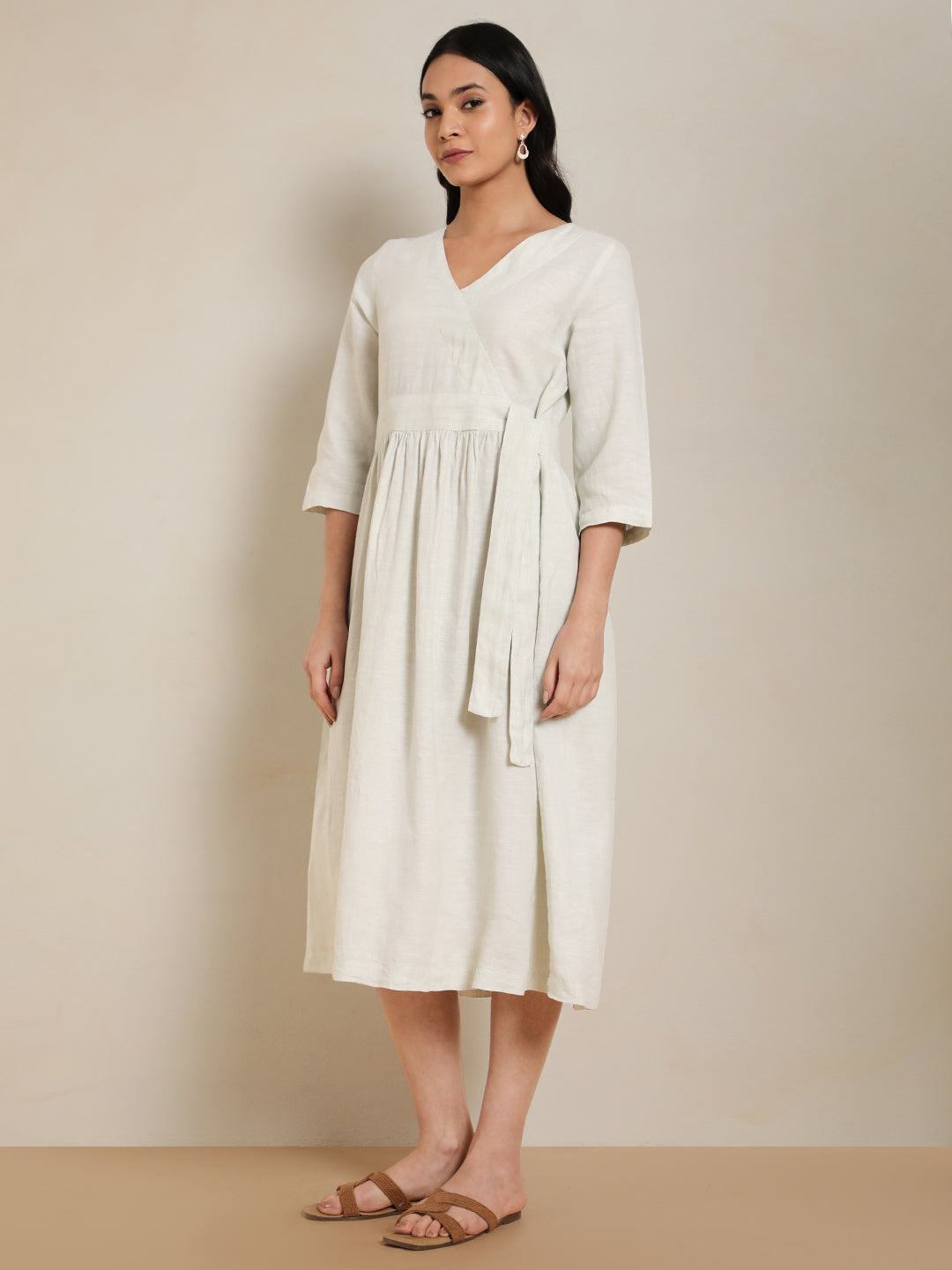 Women’s 100% linen sage wrap dress – side profile